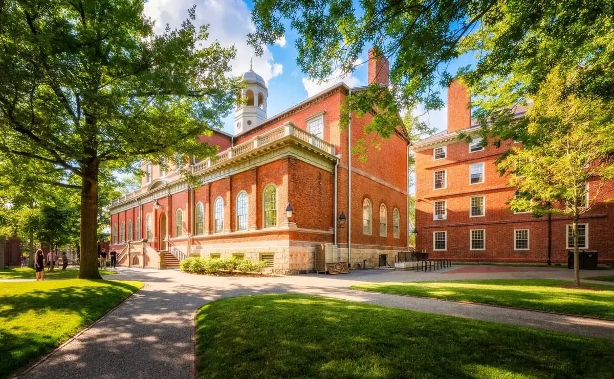Historic red-brick Harvard Hall on the Harvard campus in Cambridge, Massachusetts