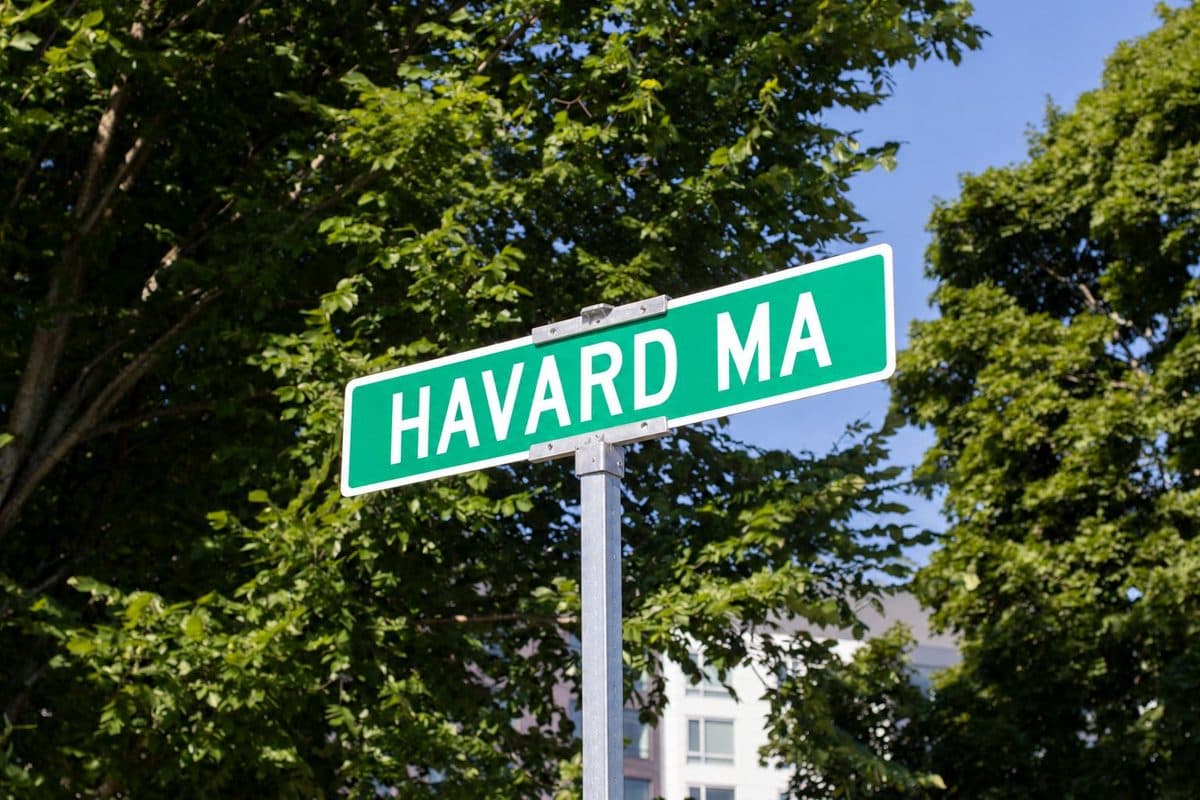 A green street sign reading Harvard, MA